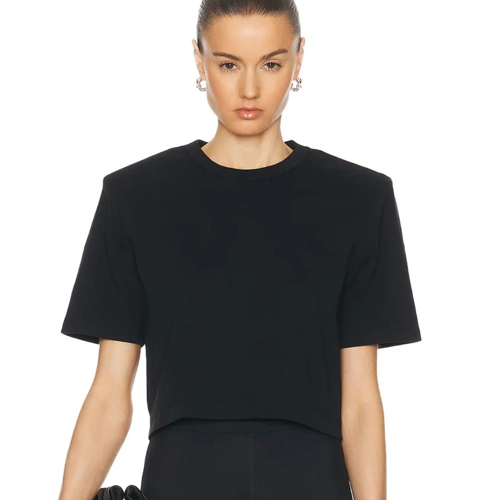 GRLFRND Denim Black Cropped Tee with Shoulder Pads - Picture 1 of 4